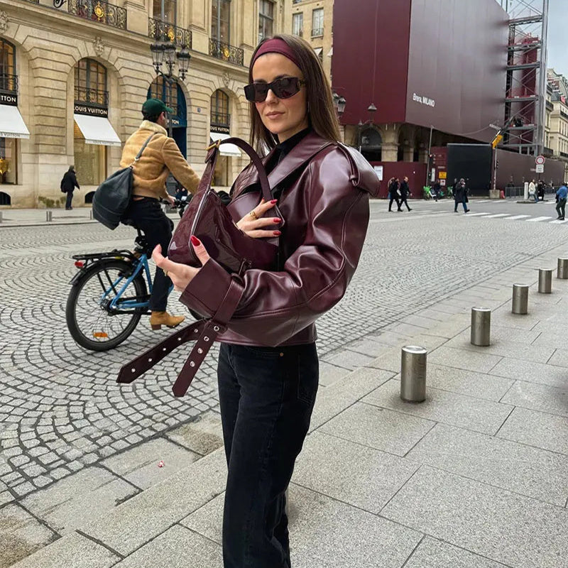 Loose Lapel Leather Jacket Fashion Cropped Tops Streetwear For Womens Clothing - Bellarte Enchanté Loose Lapel Leather Jacket Fashion Cropped Tops Streetwear For Womens Clothing